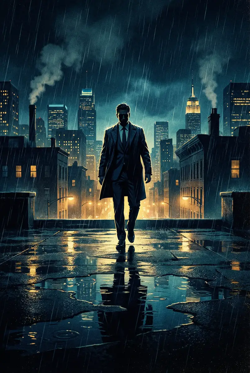 冰河世纪2国语版高 出品影片《雨夜独行者》海报，雨中城市屋顶男性剪影